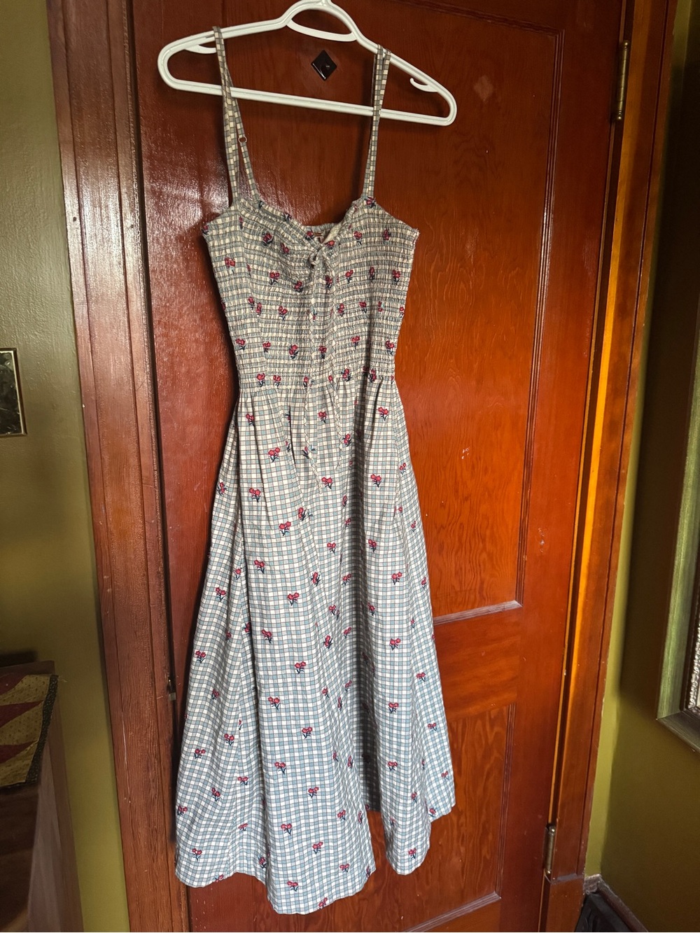 Free People Cream Gingham Midi Dress with Red Floral Print